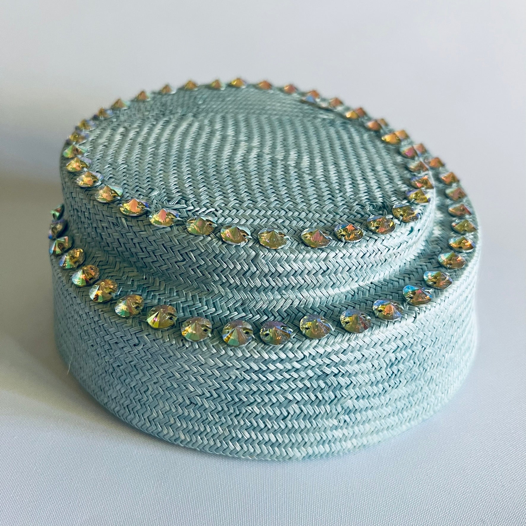 Pale blue hostess style adorned with hand sewn beads to add some sparkle.
