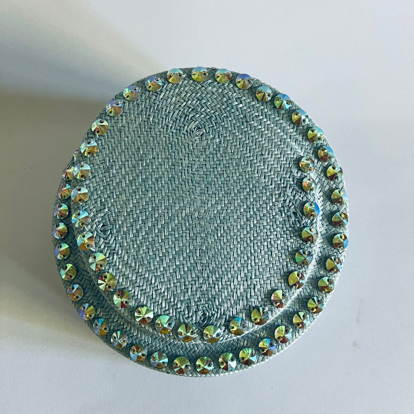 Pale blue hostess style adorned with hand sewn beads to add some sparkle.