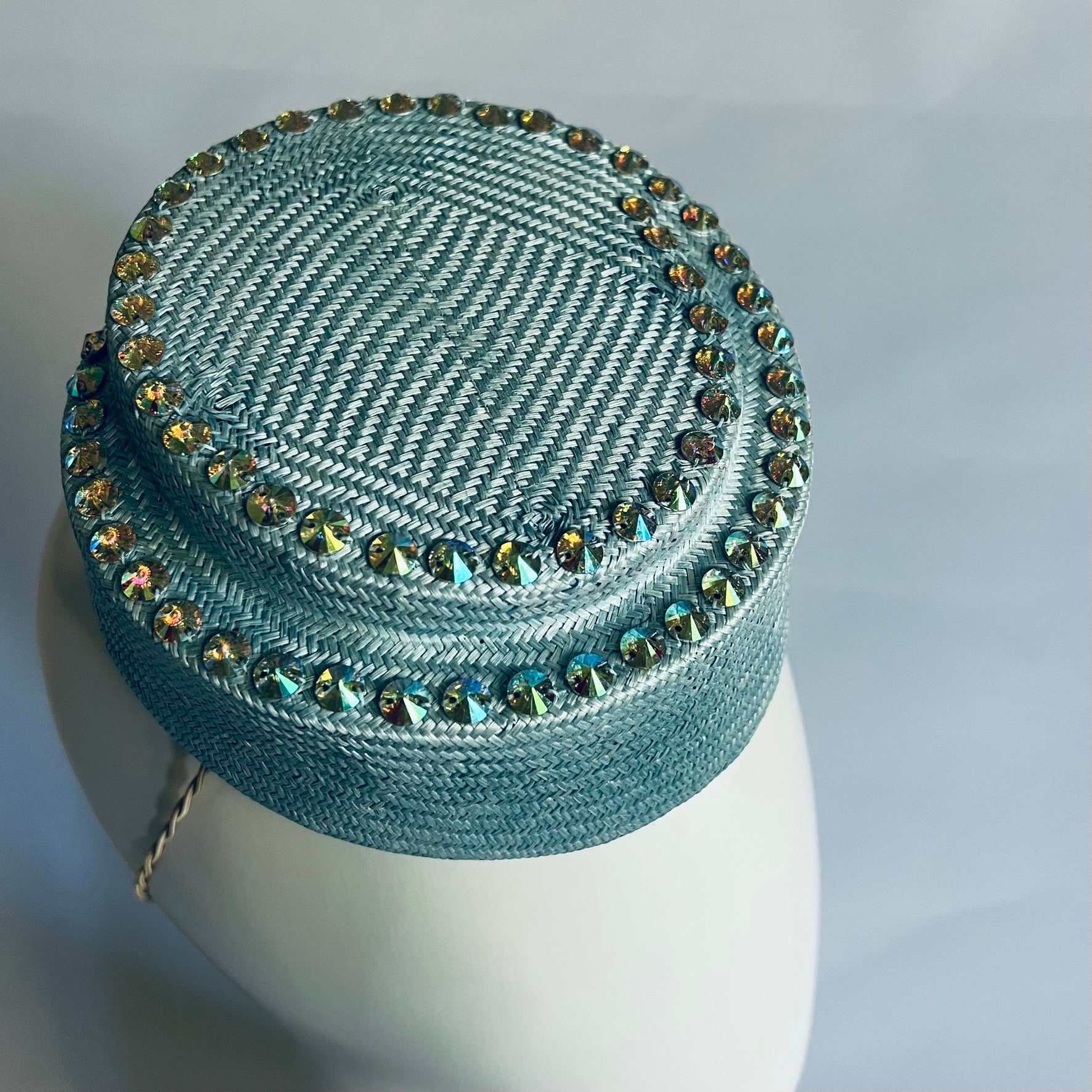 Pale blue hostess style adorned with hand sewn beads to add some sparkle.